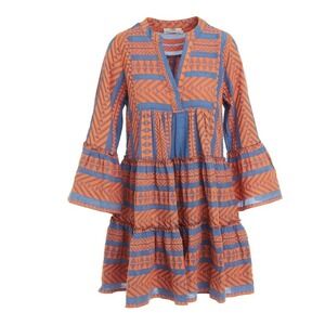 Devotion Twins Ella Short Tunic Dress Blue Orange Boho Ruffle Sleeve Beach XS
